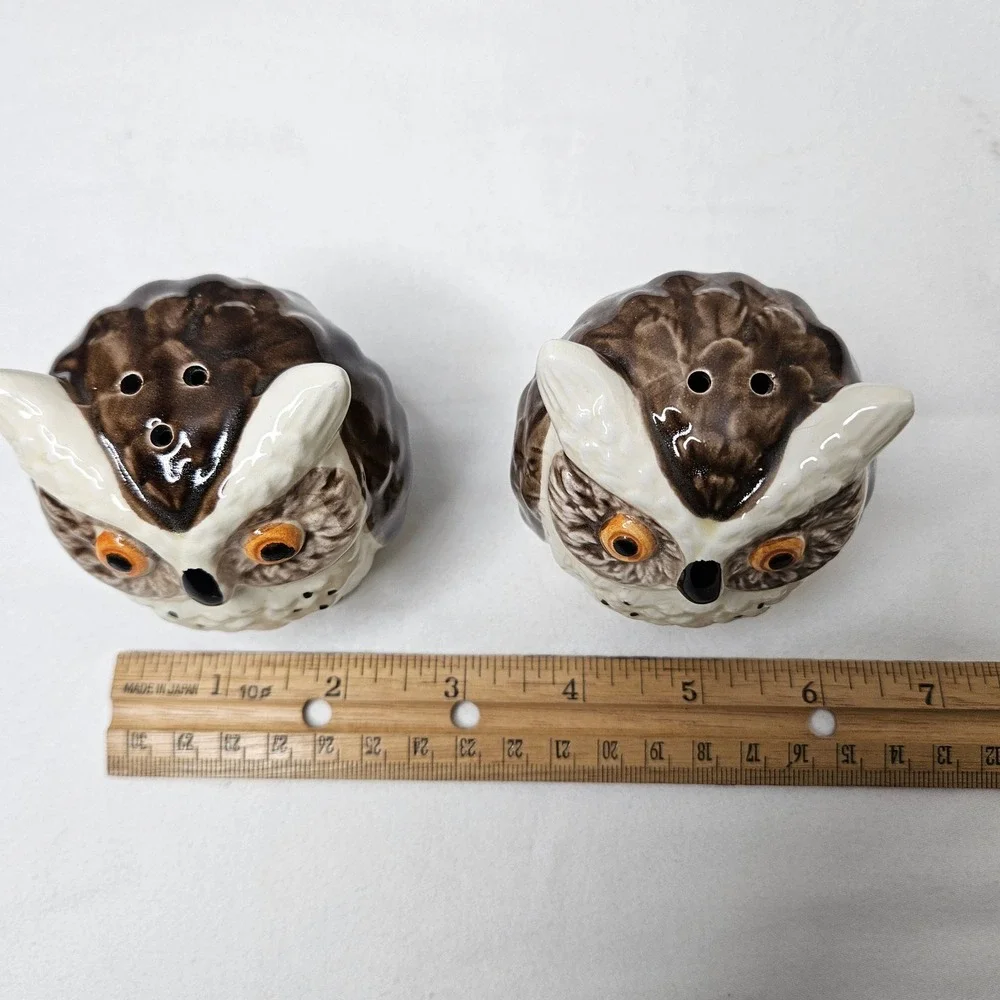 Vtg Owl Salt and Pepper Shakers Set Ceramic Japan Brown White Mid Century Modern